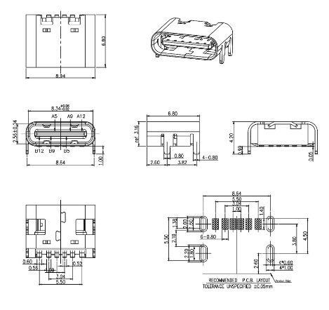 USB3.1母座type-c 6PIN板上四脚插板无弹 卧式简易充电插头连接器(4).jpg