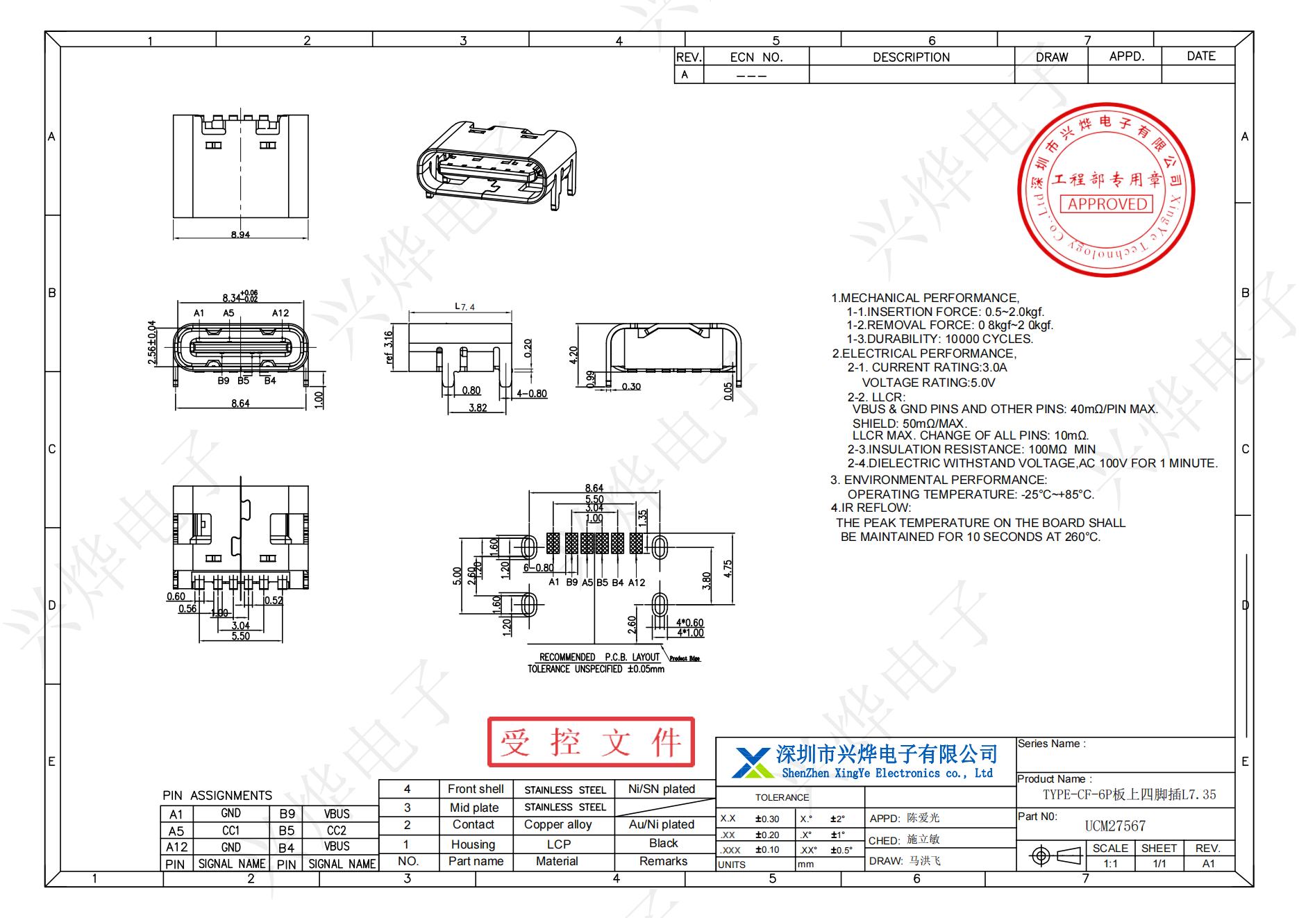 TYPE C 6PIN板上PD充电母座四脚插板SMT长度7.35 可代替16P连接器_00.jpg